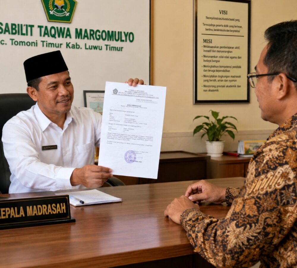 Gambaran poto Ilustrasi kepala sekolah memperlihatkan surat pernyataan resmi yang dikeluarkan Sekolah