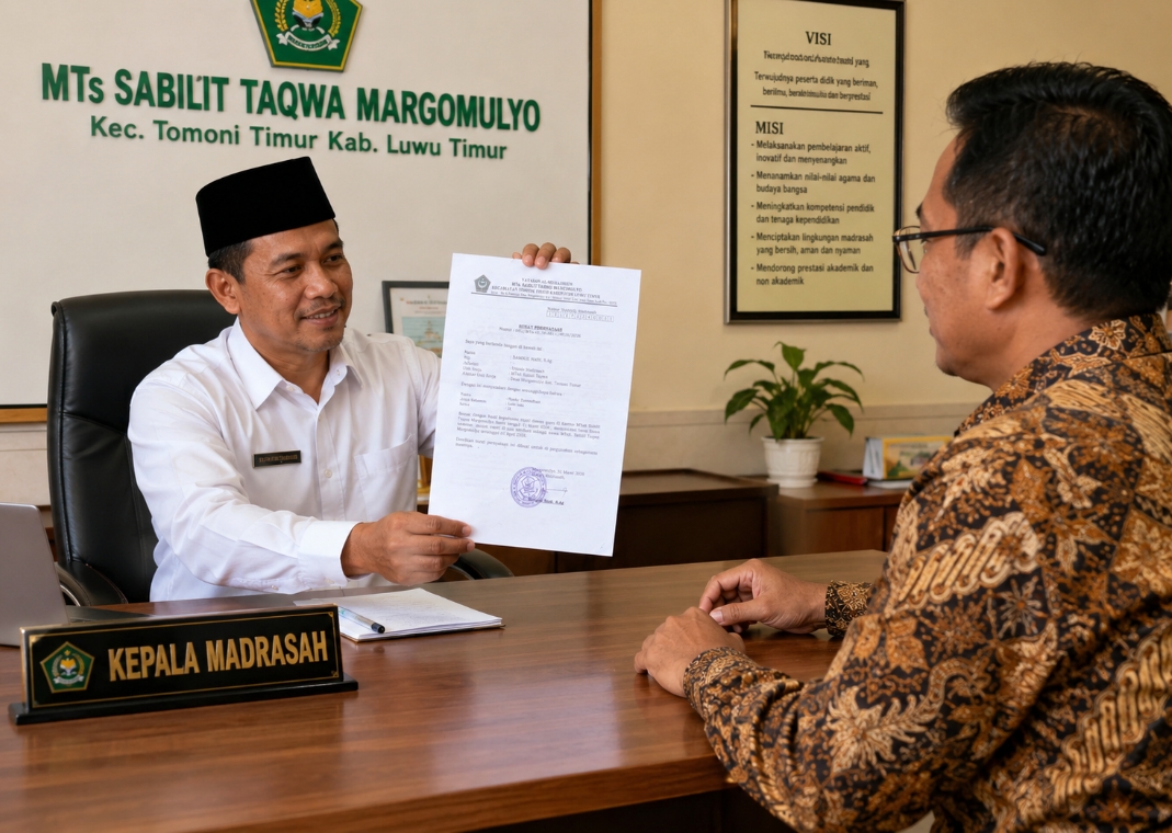 Gambaran poto Ilustrasi kepala sekolah memperlihatkan surat pernyataan resmi yang dikeluarkan Sekolah